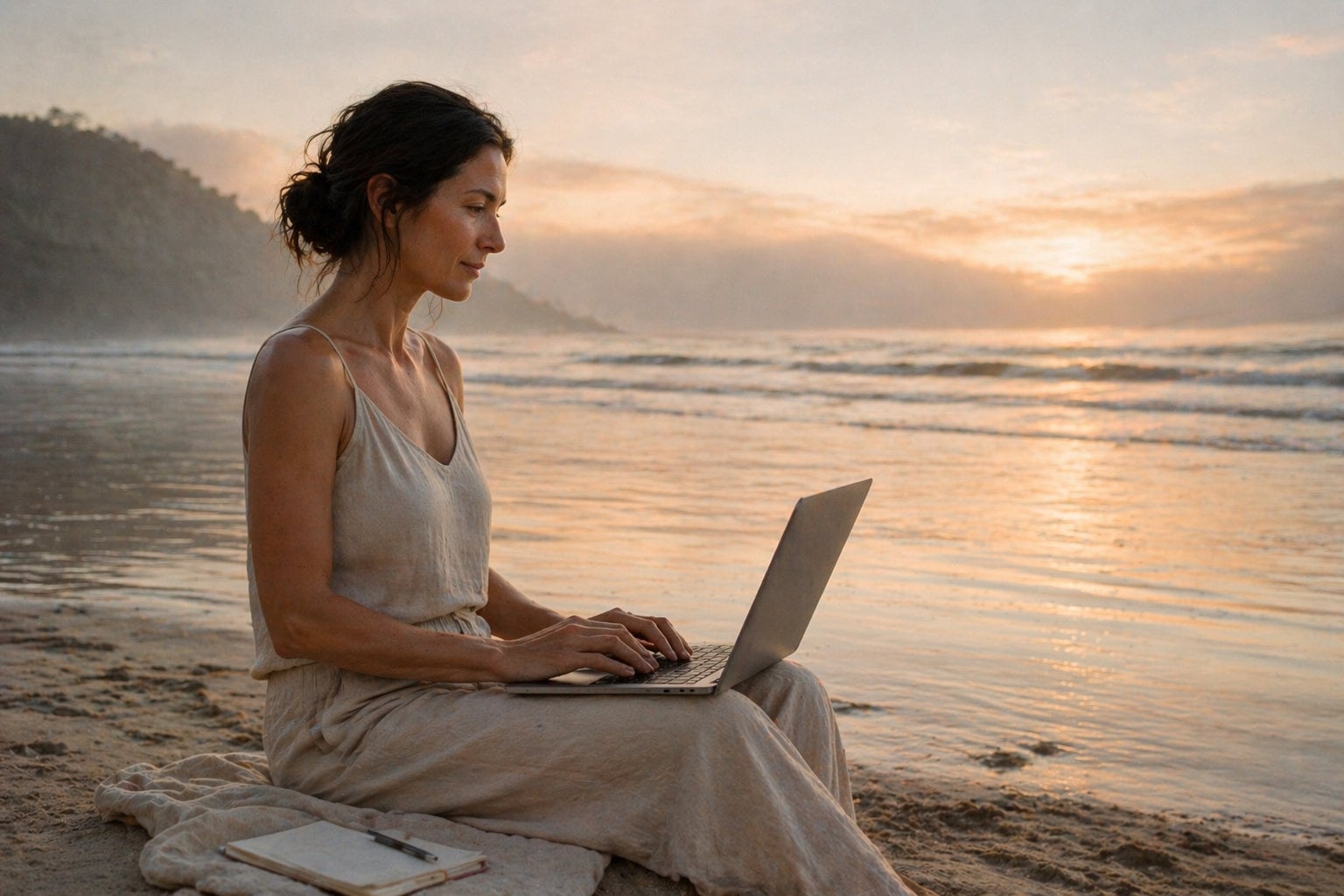 women on beach doing work